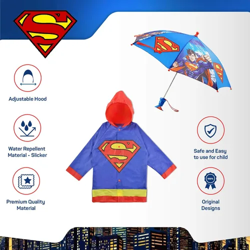 Vista 4 de DC Comics Conjunto de paraguas y Slicker, Batman o Superman para niños pequeños, para edades de 2 a 7 años