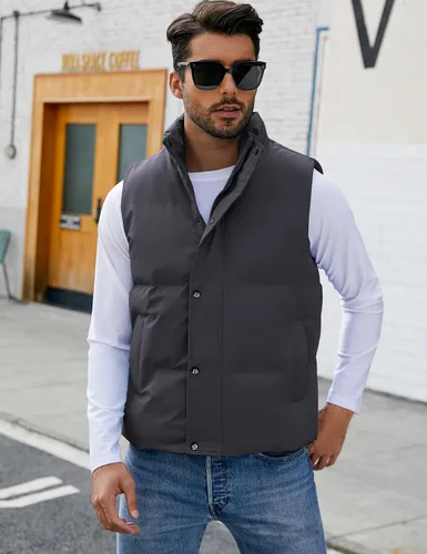 Vista 2 de Flygo Chaleco acolchado de invierno para hombre, chaleco ligero con cuello alto, chaqueta sin mangas