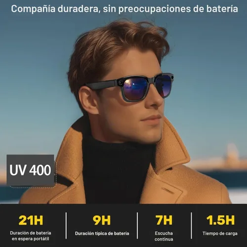 Vista 6 de Lentes inteligentes con cámara, gafas de video HD 1080P, gafas de sol de protección UV con traducción AI en tiempo real, audio Bluetooth, sonido