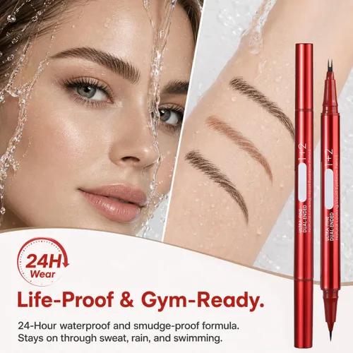 Vista 6 de Lápiz de cejas de imitación de doble extremo, lápiz líquido para cejas con punta de doble cepillo y punta única precisa, maquillaje rápido y fácil