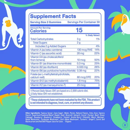 Vista 3 de First Day Gomitas multivitamínicas para niños de 4 años en adelante, fresa y naranja, vitaminas para niños, gomitas multivitamínicas A C D3 K2 B1 B2