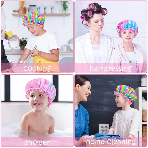Vista 6 de Olypegic Gorro de ducha para niños, 3 piezas, para niñas, reutilizable, impermeable, ajustable, grande, con unicornio, sirena, arco iris, lindo