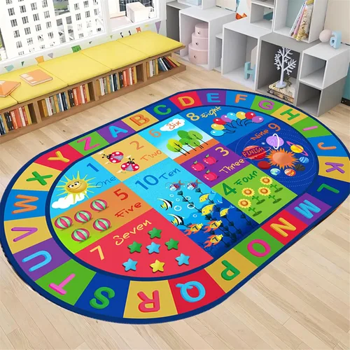 Vista 12 de Tapete de aprendizaje educativo para niños, 3 x 4 pies, tapete decorativo con diseño de planeta y alfabeto ABC, ovalado, grande, antideslizante