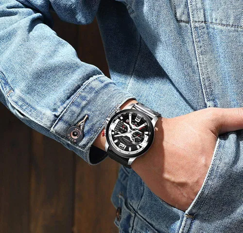 Vista 6 de Reloj de pulsera analógico de cuarzo para hombre, cronógrafo, impermeable, correa de cuero, correa de cuero, reloj de pulsera