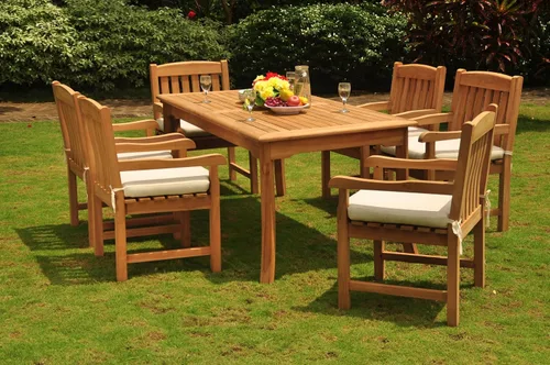 Vista 3 de NUEVO 7 pieza Lujoso grade-a – Juego de comedor para exteriores de madera de teca 71" rectángulo Mesa de comedor y 6 Devon Brazo/Capitán Sillas #