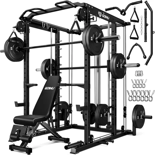Vista 17 de Máquina S1-V4 Smith, jaula de potencia de 2000 libras con sistema de cruce de cables, estante de sentadillas todo en uno con barra Smith