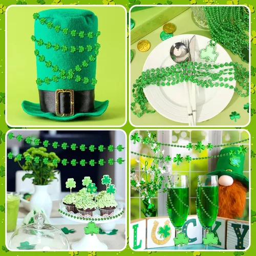 Vista 3 de JULBEAR 30 piezas de collares del Día de San Patricio, collares de cuentas metálicas verdes de trébol de trébol para suministros de fiesta de Mardi