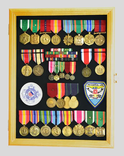 Vista 5 de Medallas militares, alfileres, insignias, parches, insignias, cintas, vitrina de bandera Shadowbox fondo fijable - con cerradura