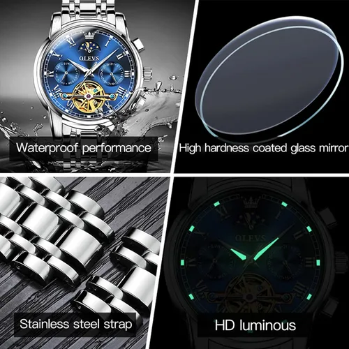 Vista 5 de OLEVS Relojes mecánicos automáticos para hombre, cuerda automática, impermeable, de acero inoxidable, reloj de pulsera de lujo costoso, pulsera
