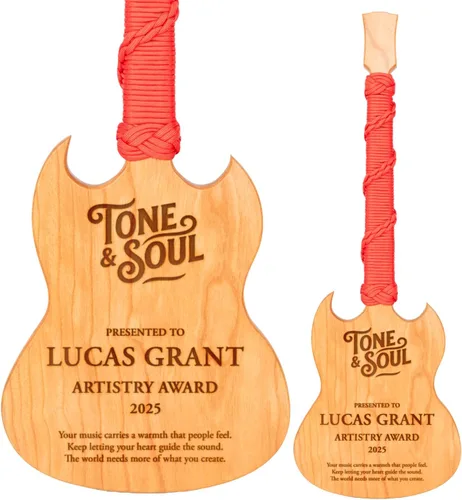 Vista 10 de Premio personalizado de guitarra Cherrywood, placa grabada personalizada con mango de paracaídas azul, 23 x 8 pulgadas Regalo para músicos