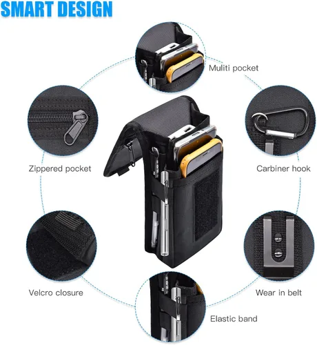 Vista 4 de Funda doble para teléfono, bolsa grande para teléfono inteligente, bolsa de herramientas con clip para cinturón, soporte táctico multiusos para Negro