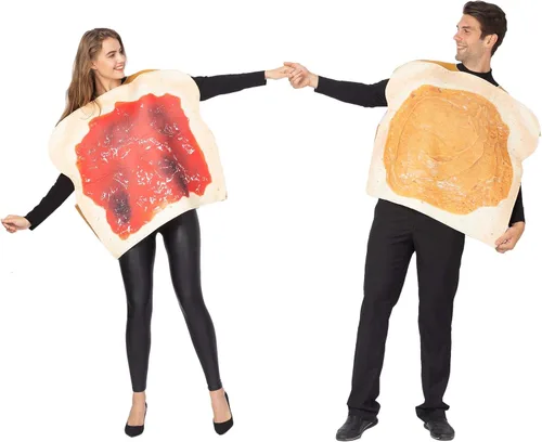 Vista 4 de Disfraz de mantequilla de maní y gelatina PBJ para parejas adultas con una felpa de mantequilla de maní y una felpa de gelatina para Halloween