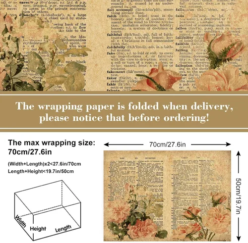 Vista 2 de 12 hojas de papel de envoltura vintage floral retro de periódico kraft para regalo, papel artesanal para manualidades en rosa, papel para envolver