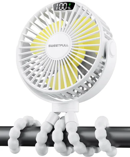Vista 7 de SWEETFULL Ventilador portátil de cochecito de 4000 mAh con pantalla LED, mini ventilador recargable de 4 velocidades, trípode flexible giratorio