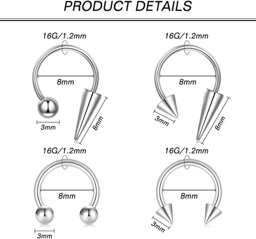 Vista 2 de Zolure 16g Anillos de labio de herradura, joyería labret, anillo de barra de labio, anillo de pico, joyería de mordida de serpiente, pendientes