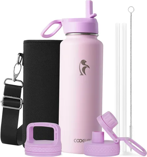 Vista 31 de Coolflask Botella de agua de 20 onzas aislada con pajilla, 3 tapas de metal de acero inoxidable, botella de agua de boca ancha para deportes u