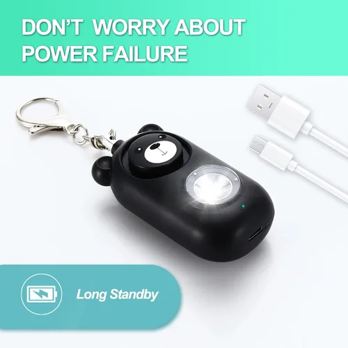 Vista 3 de Llavero de alarma de seguridad personal con luz LED, alerta de emergencia de 130 dB, diseño de oso recargable para mujeres, niños y niñas