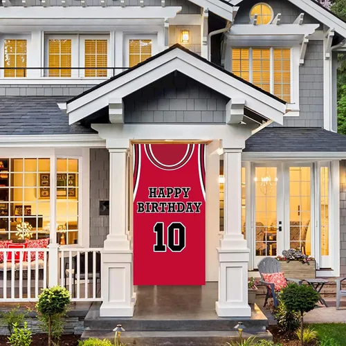 Vista 4 de Cartel de feliz cumpleaños 10 pancarta de fondo rojo de baloncesto estrella jugador de deportes decoración para hombre niño 10 cumpleaños