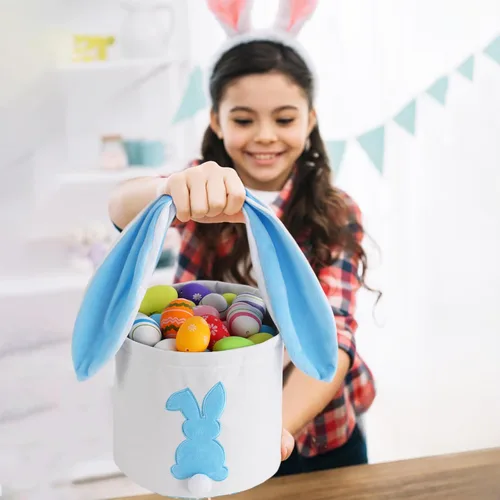 Vista 5 de [Usado] MONOBLANKS - Cestas de Pascua de conejo, color azul A Cubo vacío grande con asa, para caza de huevos de Pascua, dulces y soportes de regalo