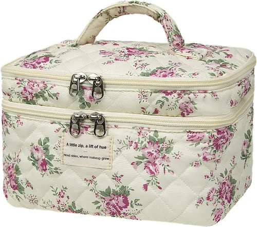 Vista 29 de Gosect Bolsa de maquillaje grande, bonita bolsa de cosméticos para mujeres y niñas, bolsa de aseo estética de coqueta floral, bolsa organizadora