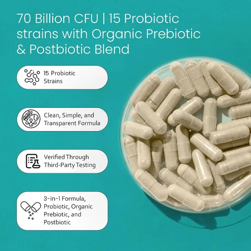 Vista 3 de NaturaLife Labs Probióticos 70 mil millones de CFU – 15 cepas con prebiótico y postbiótico orgánico – Fórmula 3 en 1 – 30 cápsulas veganas