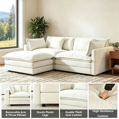 Vista 6 de Sofá modular modular con otomano: sofá moderno en forma de L de 76.7 pulgadas, cómodo sofá biplaza, sofá de 3 plazas de felpilla con almohada