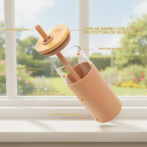 Vista 3 de Tronco Vaso de vidrio de 28 onzas con tapas y pajilla, taza reutilizable para café helado y vaso para batidos con tapa de bambú, funda de silicona
