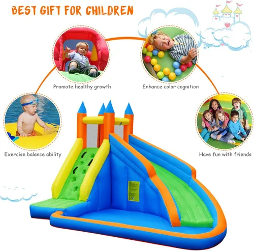 Vista 7 de GYMAX Casa inflable para saltar, tobogán acuático con pared de escalada y piscina de salpicaduras, fácil instalación, casa hinchable resistente