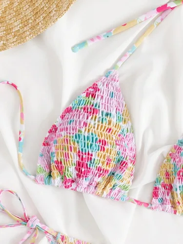 Vista 3 de MakeMeChic Conjunto de bikini de 2 piezas con cuello halter y triángulo para mujer, corte alto, traje de baño