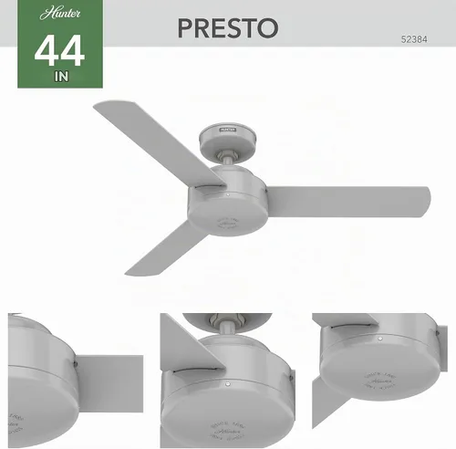 Vista 8 de Hunter Presto, ventilador de techo, para interiores, sin luz, moderno, 44 pulgadas, gris paloma