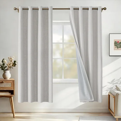 Vista 91 de Cortinas 100% opacas para dormitorio, cortinas opacas de 63 pulgadas de largo, cortinas opacas de lino para sala de estar, cortinas con ojales