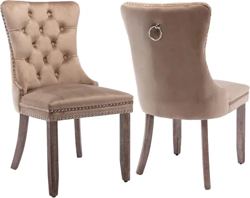 Vista 75 de Juego de 2 sillas de comedor de terciopelo beige, modernas sillas de cocina tapizadas