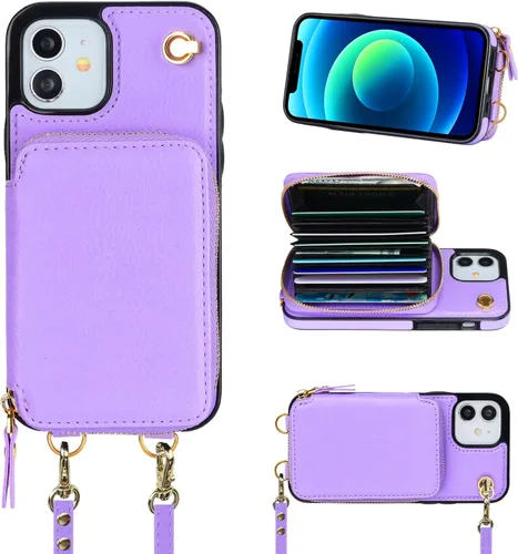 Vista 10 de Bocasal Funda tipo cartera cruzada para iPhone 12/12 Pro, funda de piel con bloqueo RFID y soporte para tarjetas, funda protectora con cremallera