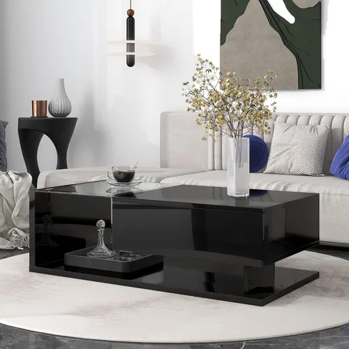 Vista 3 de Mesa de centro moderna con almacenamiento, mesa de cóctel de madera con superficie UV de alto brillo, mesas de centro rectangulares de 2 niveles