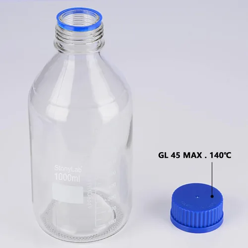 Vista 3 de stonylab Botellas redondas graduadas de vidrio con tapa de rosca GL45, 33.8 fl oz, 1 paquete