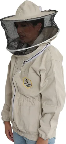 Vista 4 de Chaqueta de apicultura con velo redondo y guantes, chaqueta de abeja de lona natural con cremalleras de latón YKK duraderas para apicultores