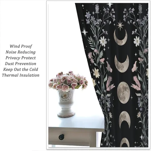 Vista 6 de Cortinas Florales de Luna Flores Silvestres Fase Jardín Iluminado por la Luna Estética Boho Primavera Naturaleza Juego de Tratamiento de Ventana