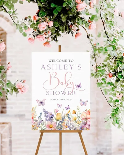 Vista 16 de Letrero de Bienvenida para Baby Shower de Flores Silvestres, Letrero de Baby Shower con Lazo Rosa, Póster de Bienvenida para Baby Shower, Decoración