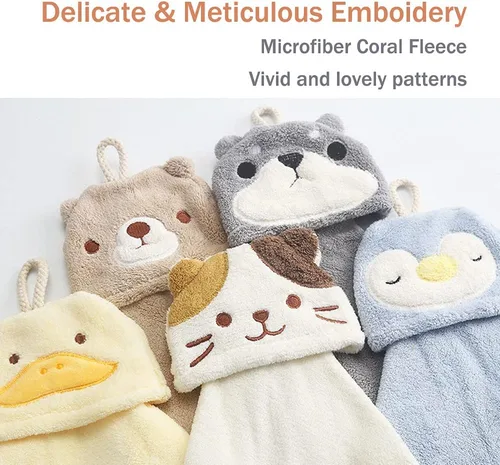 Vista 4 de PRATIQUE Paquete de 5 bonitas toallas de mano, toallas de baño con lazo para colgar, toalla de mano para niños, animales, toalla de mano absorbente
