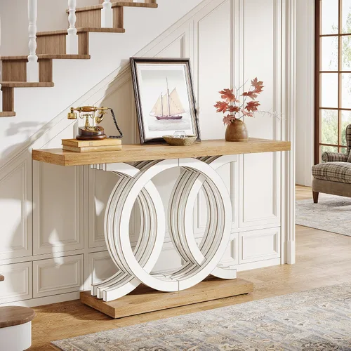 Vista 11 de Tribesigns Mesa consola de 55 pulgadas con base de madera geométrica, mesa de entrada moderna con mesa gruesa para sala de estar, pasillo, Marrón