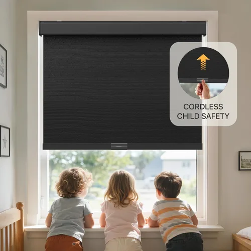 Vista 6 de GENIMO Persianas enrollables 100 % opacas, sin cordón, con aislamiento térmico, tela de protección UV, mini persianas de puerta francesa