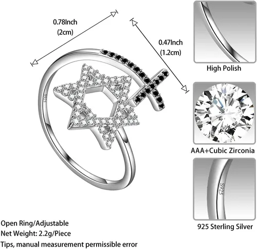 Vista 13 de Jewmon Anillo ajustable de estrella de David judía para mujer, plata de ley 925, circonita cúbica, estrella de David, anillo judío abierto, amuleto