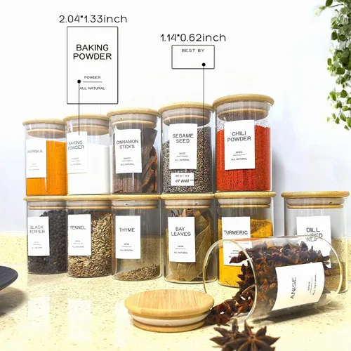 Vista 3 de 12 tarros de vidrio para especias con tapas herméticas de bambú y 201 etiquetas, recipientes pequeños de almacenamiento de alimentos vacíos de 8
