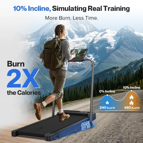 Vista 2 de Cardirun Almohadilla para caminar con 10% de inclinación, 4 en 1 plegable caminadora con barra de mango para espacios pequeños en el hogar, 3.0 HP