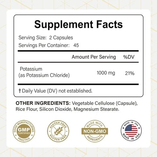 Vista 5 de Cloruro de potasio de alta potencia de 1000 mg por porción Suplemento de potasio – Apoya el equilibrio electrolítico, la salud cardíaca, muscular