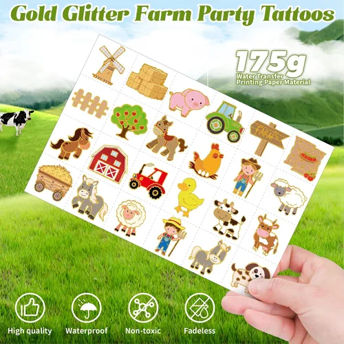 Vista 3 de ADXCO 144 tatuajes para fiesta de granja, tatuajes temporales de animales de granja con purpurina dorada para niños, decoración de cumpleaños