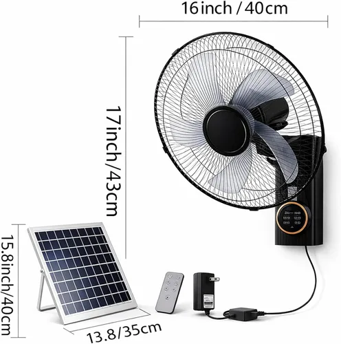 Vista 7 de Ventilador solar de 16 pulgadas con control remoto, ventilador de pared para exteriores con panel solar y adaptador de corriente, ventilador