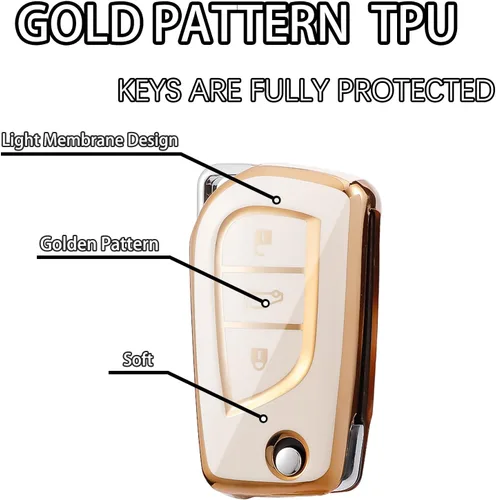 Vista 3 de Compatible con funda para llavero Toyota con patrón dorado, TPU suave, protección de 360 grados, para llave inteligente Fortuner Tundra Camry RAV4