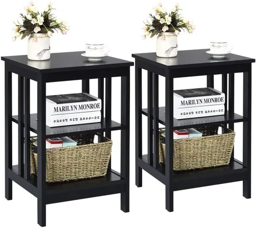 Vista 14 de Mesa auxiliar con estante de almacenamiento de 3 niveles para sala de estar, dormitorio, marco de madera estable, fácil montaje (negro, 1 unidad)
