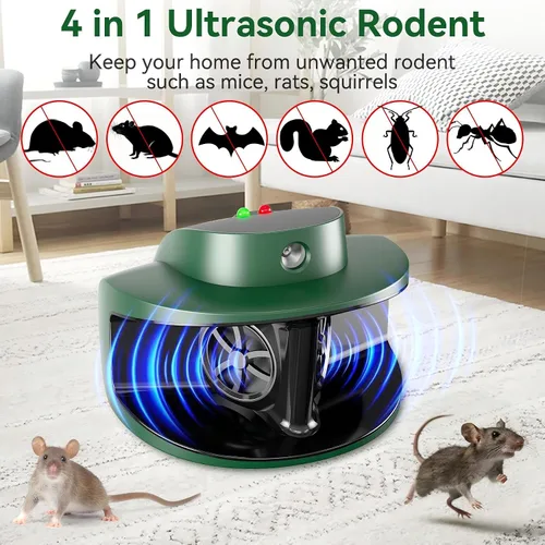 Vista 4 de Repelente ultrasónico de ratón de roedores mejorado 2025 - 3 altavoces de alta potencia de 300°, disuasorio para roedores, mouse para el hogar